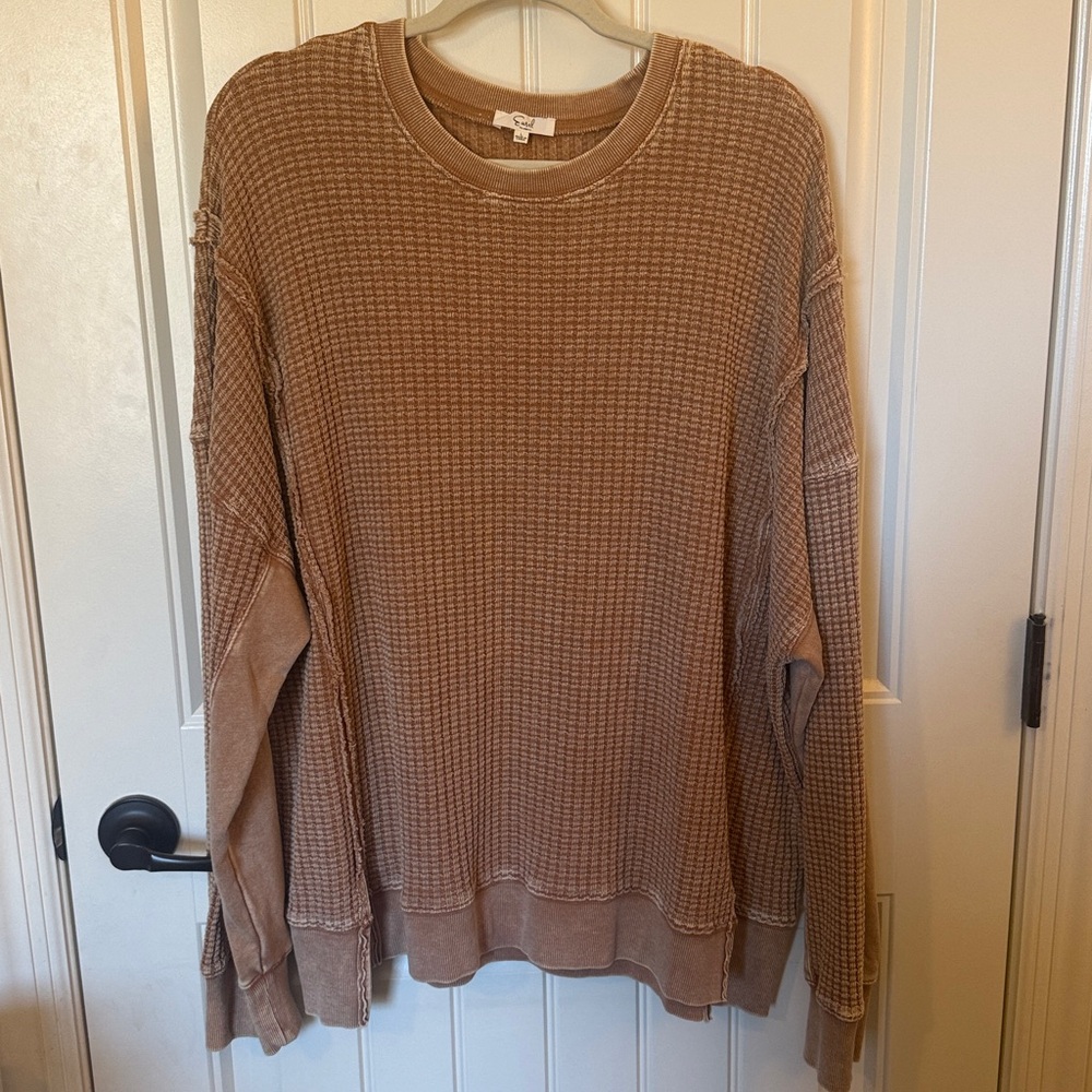 Easel Mineral Washed Almond Waffle Knit Crew Neck Sweater